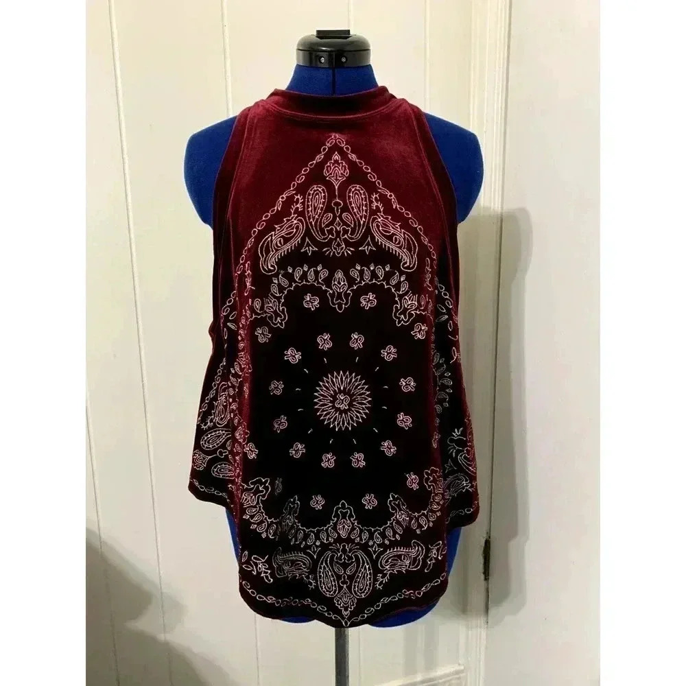 Free People Velvet Bandana Print Halter Tank in Burgundy and Black